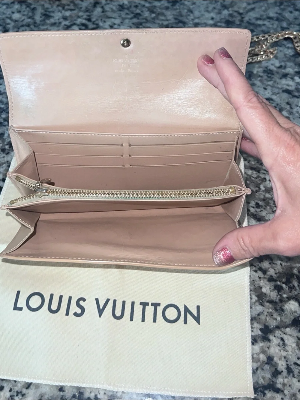 Louis Vuitton Gold Yellow Vernis Long Wallet with Gold Chain